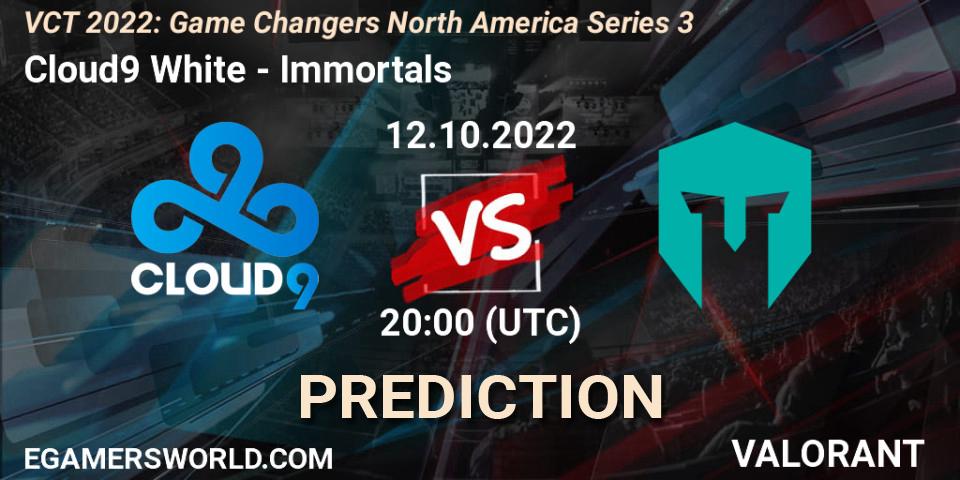 Cloud9 White contre Immortals : prédiction de match. 12.10.2022 at 20:10. VALORANT, VCT 2022: Game Changers North America Series 3