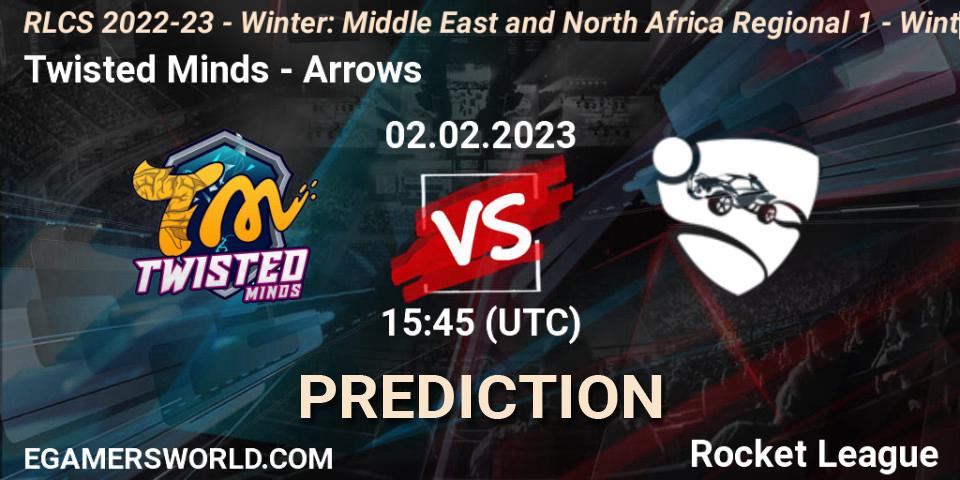 Twisted Minds contre Arrows : prédiction de match. 02.02.2023 at 15:45. Rocket League, RLCS 2022-23 - Winter: Middle East and North Africa Regional 1 - Winter Open