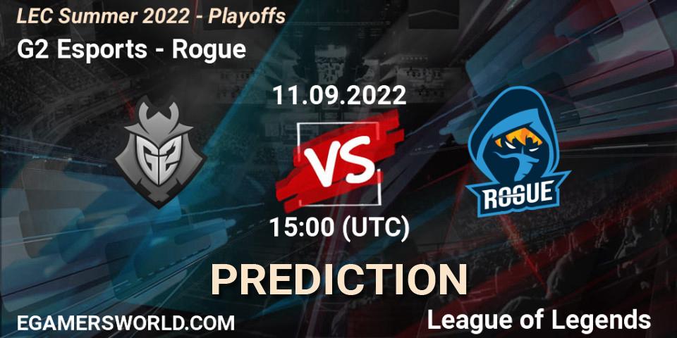 G2 Esports contre Rogue : prédiction de match. 11.09.2022 at 15:00. LoL, LEC Summer 2022 - Playoffs