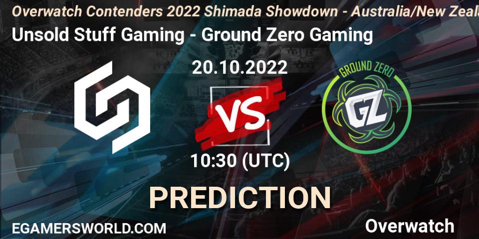 Unsold Stuff Gaming contre Ground Zero Gaming : prédiction de match. 20.10.2022 at 10:30. Overwatch, Overwatch Contenders 2022 Shimada Showdown - Australia/New Zealand - October