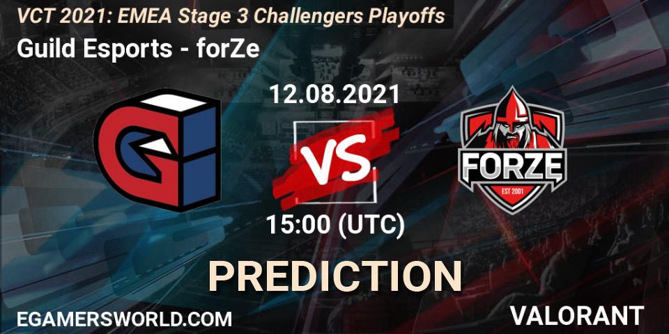 Guild Esports contre forZe : prédiction de match. 12.08.2021 at 15:00. VALORANT, VCT 2021: EMEA Stage 3 Challengers Playoffs