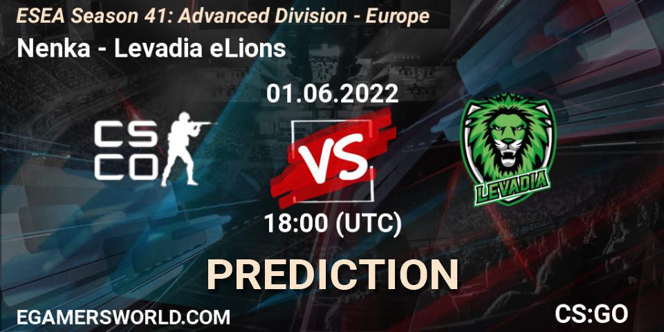 Nenka contre Levadia eLions : prédiction de match. 01.06.2022 at 18:00. Counter-Strike (CS2), ESEA Season 41: Advanced Division - Europe
