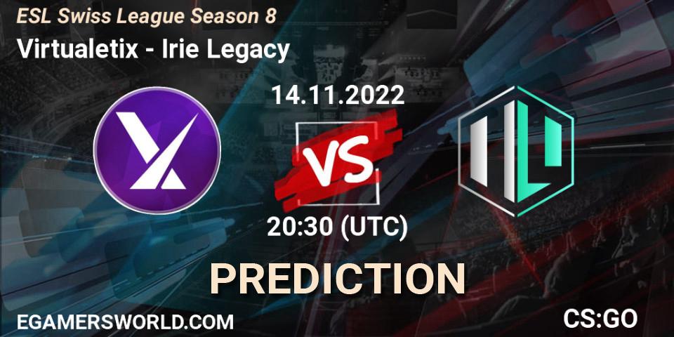 Virtualetix contre Irie Legacy : prédiction de match. 17.11.2022 at 19:00. Counter-Strike (CS2), ESL Swiss League Season 8