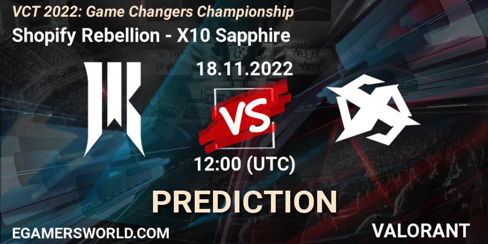 Shopify Rebellion contre X10 Sapphire : prédiction de match. 18.11.2022 at 12:15. VALORANT, VCT 2022: Game Changers Championship