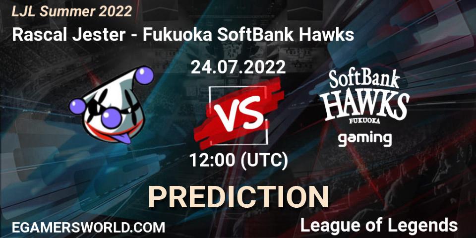 Rascal Jester contre Fukuoka SoftBank Hawks : prédiction de match. 24.07.2022 at 12:00. LoL, LJL Summer 2022