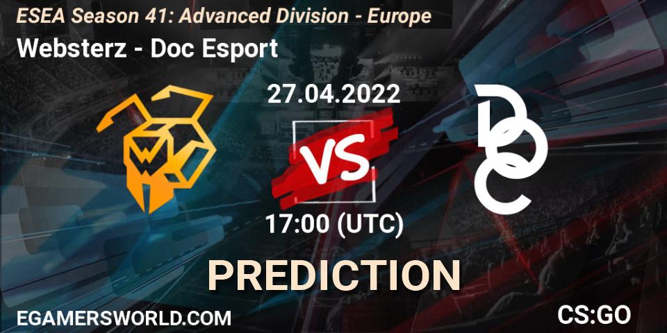 Websterz contre Doc Esport : prédiction de match. 27.04.2022 at 17:00. Counter-Strike (CS2), ESEA Season 41: Advanced Division - Europe