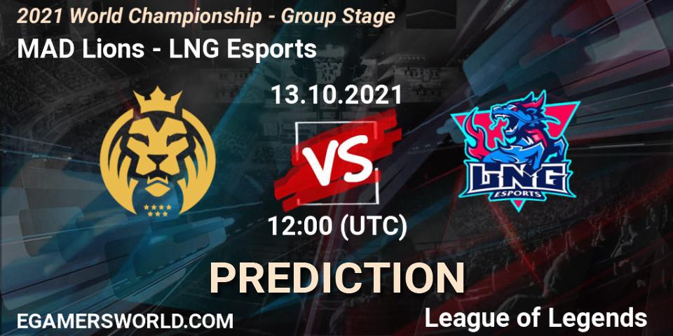 MAD Lions contre LNG Esports : prédiction de match. 18.10.2021 at 16:10. LoL, 2021 World Championship - Group Stage