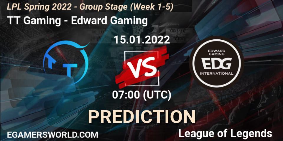 TT Gaming contre Edward Gaming : prédiction de match. 15.01.2022 at 07:00. LoL, LPL Spring 2022 - Group Stage (Week 1-5)