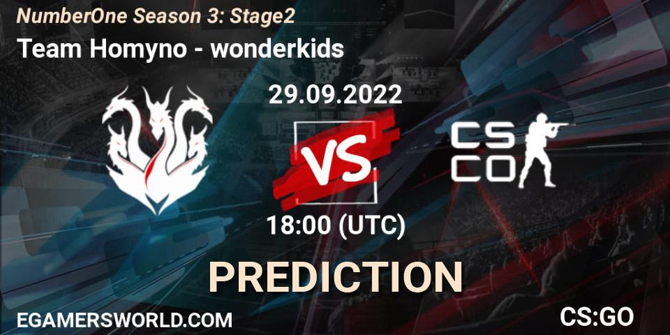 Team Homyno contre wonderkids : prédiction de match. 29.09.2022 at 18:00. Counter-Strike (CS2), NumberOne Season 3: Stage 2