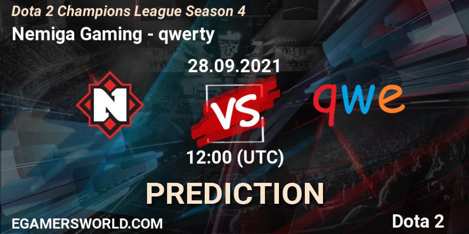 Nemiga Gaming contre qwerty : prédiction de match. 28.09.2021 at 12:01. Dota 2, Dota 2 Champions League Season 4