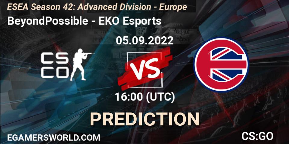 BeyondPossible contre EKO Esports : prédiction de match. 05.09.2022 at 16:00. Counter-Strike (CS2), ESEA Season 42: Advanced Division - Europe