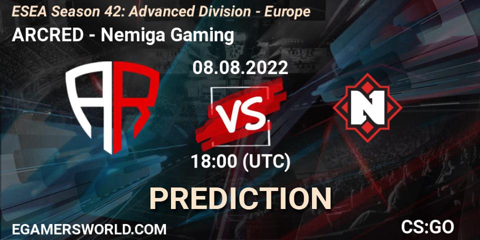 ARCRED contre Nemiga Gaming : prédiction de match. 12.09.2022 at 15:00. Counter-Strike (CS2), ESEA Season 42: Advanced Division - Europe