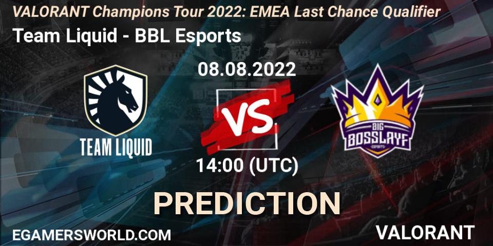 Team Liquid contre BBL Esports : prédiction de match. 08.08.2022 at 14:00. VALORANT, VCT 2022: EMEA Last Chance Qualifier