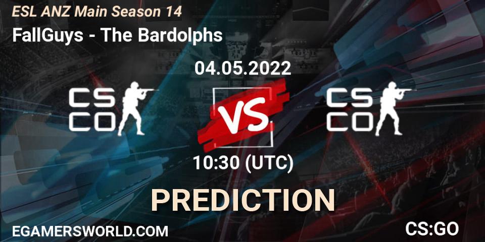 FallGuys contre The Bardolphs : prédiction de match. 04.05.2022 at 10:30. Counter-Strike (CS2), ESL ANZ Main Season 14