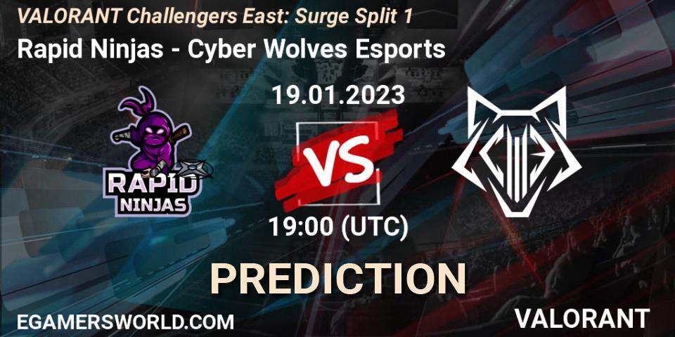 Rapid Ninjas contre Cyber Wolves Esports : prédiction de match. 19.01.2023 at 20:00. VALORANT, VALORANT Challengers 2023 East: Surge Split 1