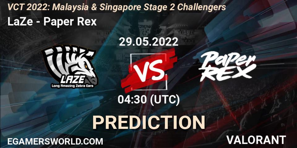 LaZe contre Paper Rex : prédiction de match. 29.05.2022 at 04:30. VALORANT, VCT 2022: Malaysia & Singapore Stage 2 Challengers