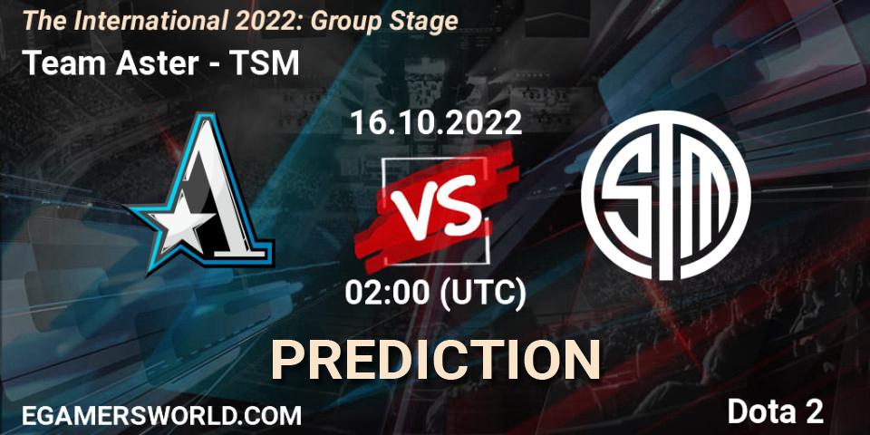 Team Aster contre TSM : prédiction de match. 16.10.2022 at 02:01. Dota 2, The International 2022: Group Stage