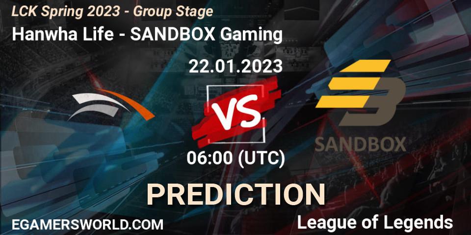Hanwha Life contre SANDBOX Gaming : prédiction de match. 22.01.2023 at 06:00. LoL, LCK Spring 2023 - Group Stage