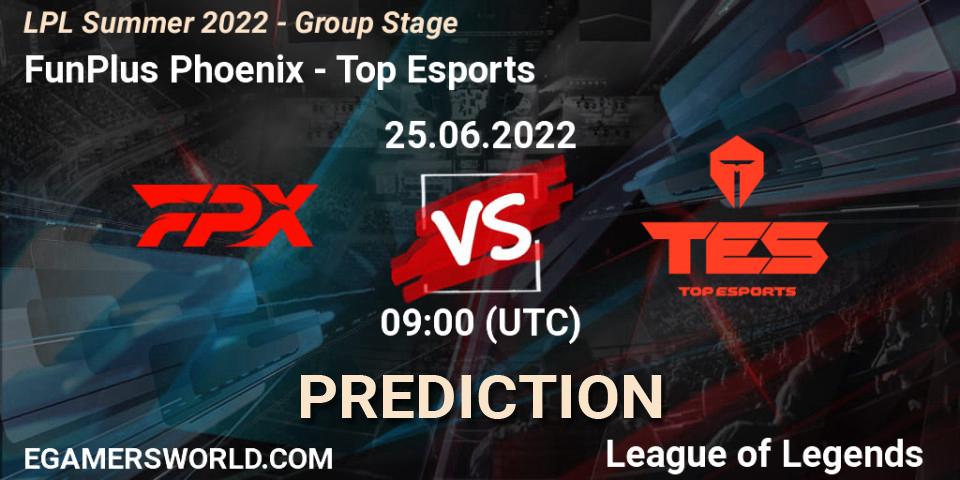 FunPlus Phoenix contre Top Esports : prédiction de match. 25.06.2022 at 10:00. LoL, LPL Summer 2022 - Group Stage
