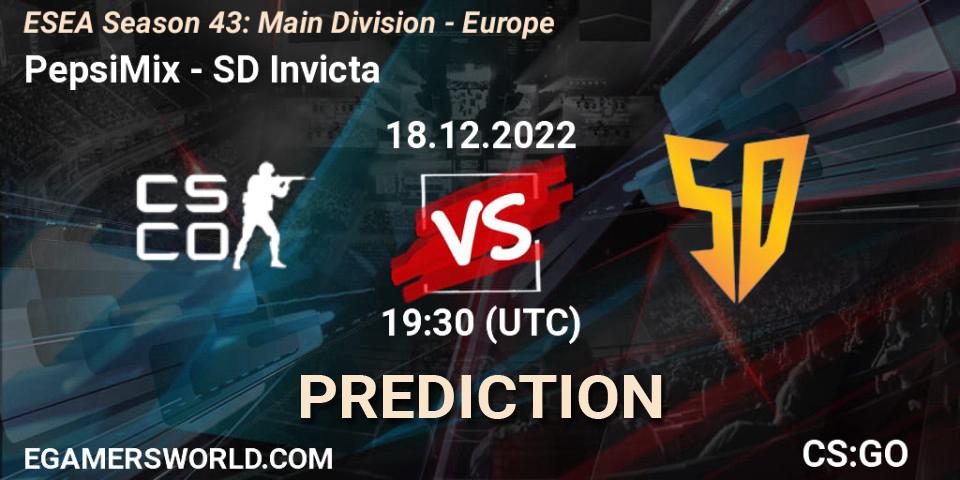 PepsiMix contre SD Invicta : prédiction de match. 19.12.2022 at 18:00. Counter-Strike (CS2), ESEA Season 43: Main Division - Europe