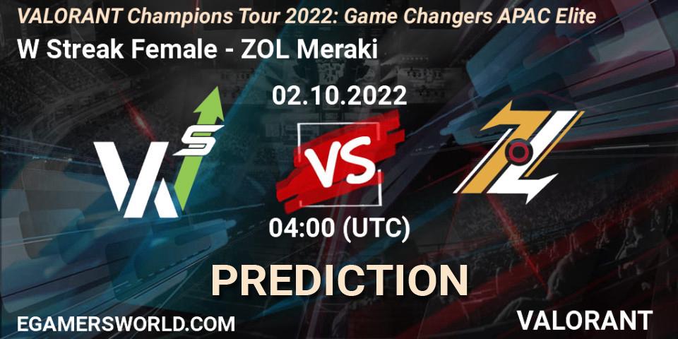 W Streak Female contre ZOL Meraki : prédiction de match. 02.10.2022 at 04:00. VALORANT, VCT 2022: Game Changers APAC Elite
