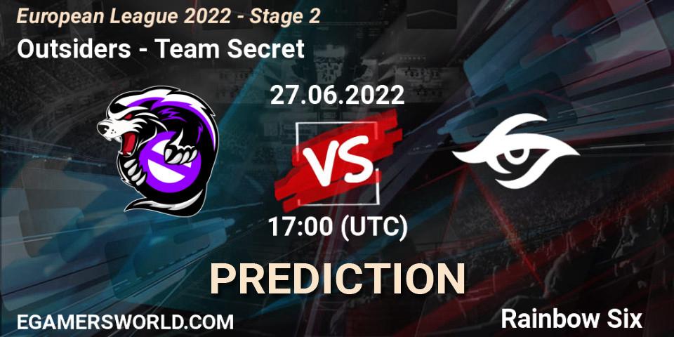 Outsiders contre Team Secret : prédiction de match. 27.06.2022 at 16:00. Rainbow Six, European League 2022 - Stage 2
