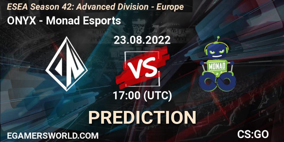ONYX contre Monad Esports : prédiction de match. 30.08.2022 at 16:00. Counter-Strike (CS2), ESEA Season 42: Advanced Division - Europe