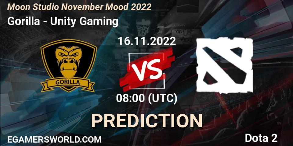 Gorilla contre Unity Gaming : prédiction de match. 16.11.2022 at 08:15. Dota 2, Moon Studio November Mood 2022