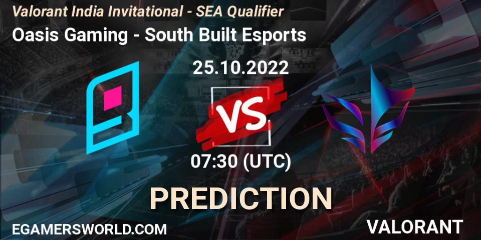 Oasis Gaming contre South Built Esports : prédiction de match. 25.10.2022 at 07:30. VALORANT, Valorant India Invitational - SEA Qualifier
