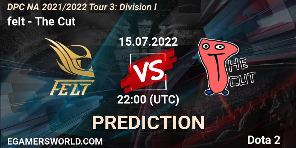 felt contre The Cut : prédiction de match. 15.07.2022 at 22:45. Dota 2, DPC NA 2021/2022 Tour 3: Division I