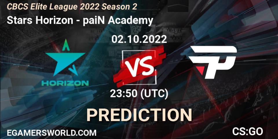 Stars Horizon contre paiN Academy : prédiction de match. 02.10.2022 at 23:50. Counter-Strike (CS2), CBCS Elite League 2022 Season 2