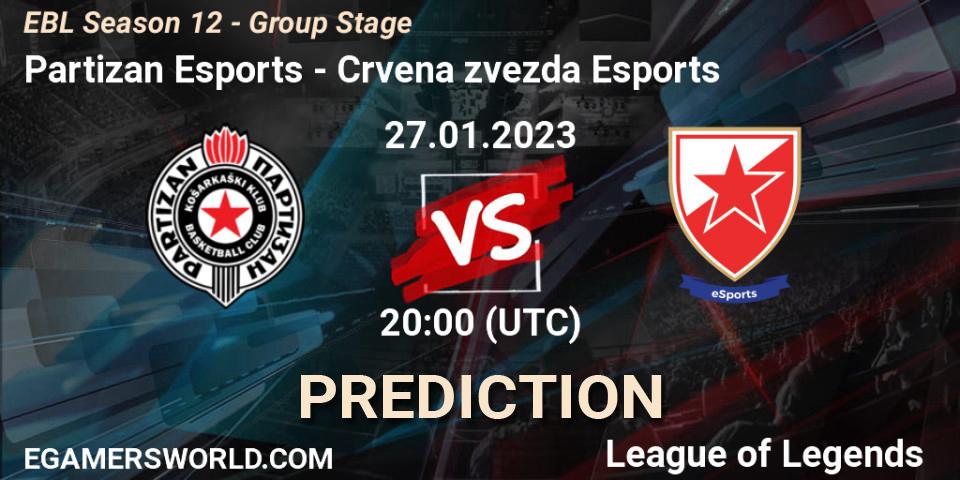 Partizan Esports contre Crvena zvezda Esports : prédiction de match. 27.01.2023 at 20:00. LoL, EBL Season 12 - Group Stage