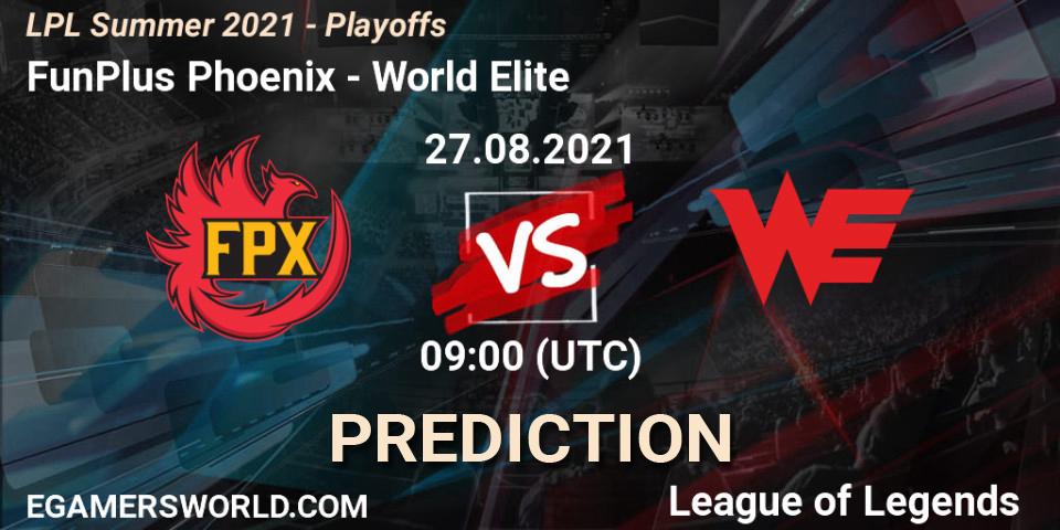 FunPlus Phoenix contre World Elite : prédiction de match. 27.08.2021 at 09:00. LoL, LPL Summer 2021 - Playoffs