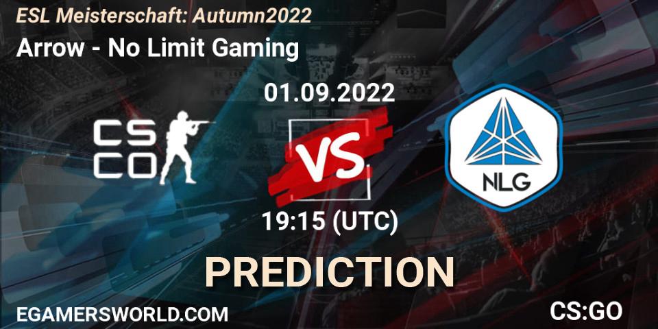 Arrow contre No Limit Gaming : prédiction de match. 01.09.2022 at 19:15. Counter-Strike (CS2), ESL Meisterschaft: Autumn 2022