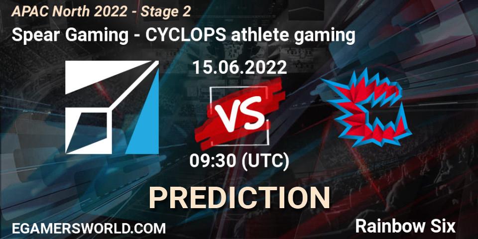 Spear Gaming contre CYCLOPS athlete gaming : prédiction de match. 15.06.2022 at 09:30. Rainbow Six, APAC North 2022 - Stage 2