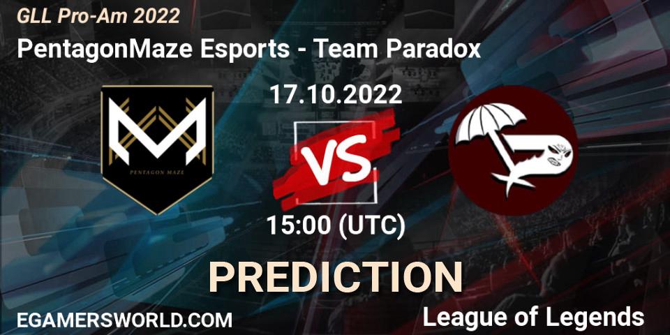 PentagonMaze Esports contre Team Paradox : prédiction de match. 17.10.2022 at 18:30. LoL, GLL Pro-Am 2022