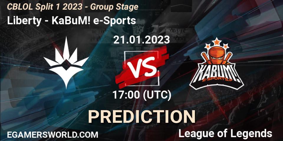 Liberty contre KaBuM! e-Sports : prédiction de match. 21.01.2023 at 17:30. LoL, CBLOL Split 1 2023 - Group Stage