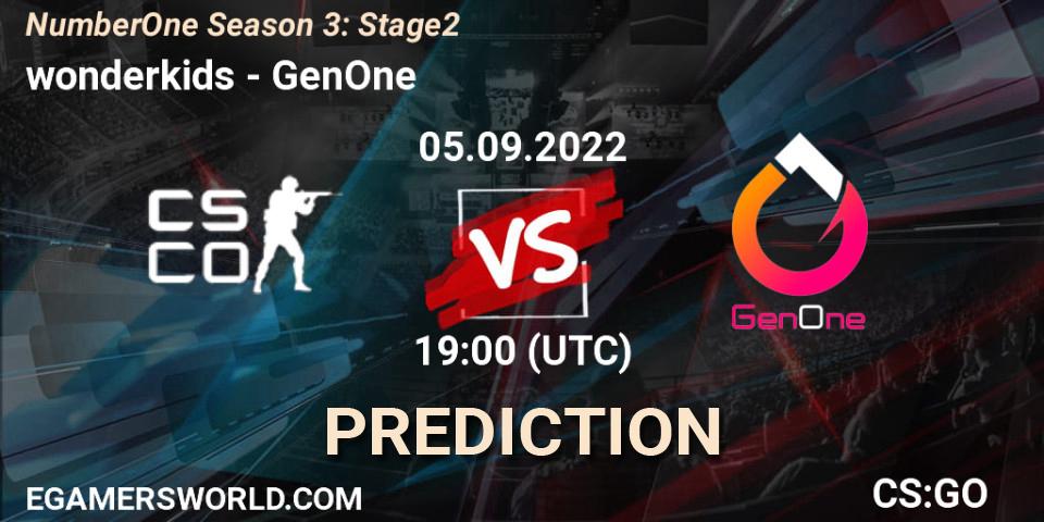 wonderkids contre GenOne : prédiction de match. 05.09.2022 at 18:00. Counter-Strike (CS2), NumberOne Season 3: Stage 2