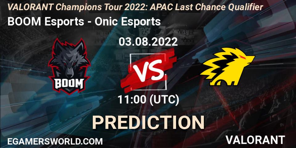 BOOM Esports contre Onic Esports : prédiction de match. 03.08.2022 at 11:15. VALORANT, VCT 2022: APAC Last Chance Qualifier