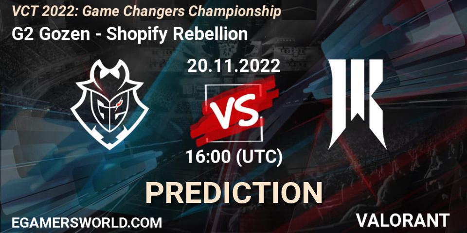 G2 Gozen contre Shopify Rebellion : prédiction de match. 20.11.2022 at 16:15. VALORANT, VCT 2022: Game Changers Championship