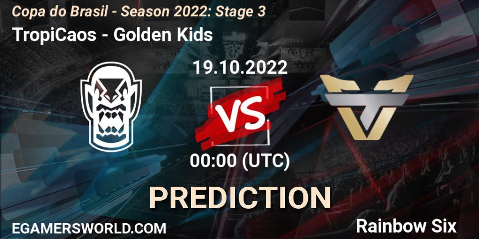 TropiCaos contre Golden Kids : prédiction de match. 19.10.2022 at 00:00. Rainbow Six, Copa do Brasil - Season 2022: Stage 3
