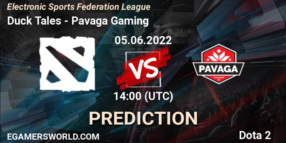 Duck Tales contre Pavaga Gaming : prédiction de match. 06.06.2022 at 17:00. Dota 2, Electronic Sports Federation League