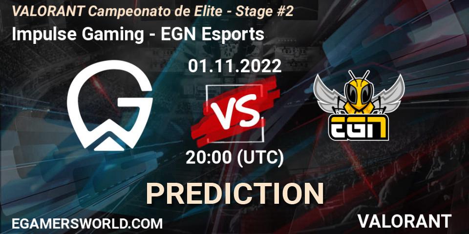 Impulse Gaming contre EGN Esports : prédiction de match. 02.11.2022 at 20:00. VALORANT, VALORANT Campeonato de Elite - Stage #2