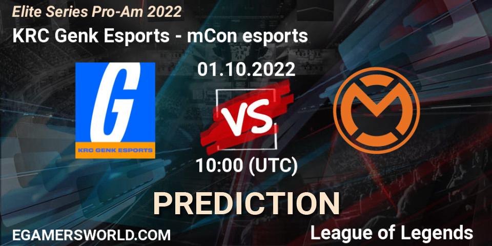KRC Genk Esports contre mCon esports : prédiction de match. 01.10.2022 at 10:00. LoL, Elite Series Pro-Am 2022
