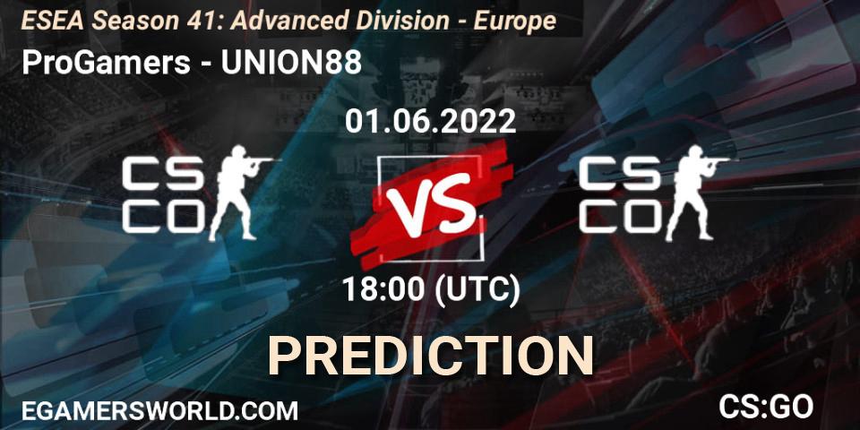 ProGamers contre UNION88 : prédiction de match. 01.06.2022 at 18:00. Counter-Strike (CS2), ESEA Season 41: Advanced Division - Europe
