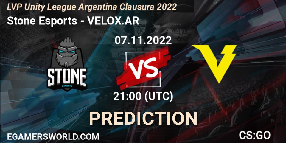 Stone Esports contre VELOX.AR : prédiction de match. 07.11.2022 at 21:00. Counter-Strike (CS2), LVP Unity League Argentina Clausura 2022