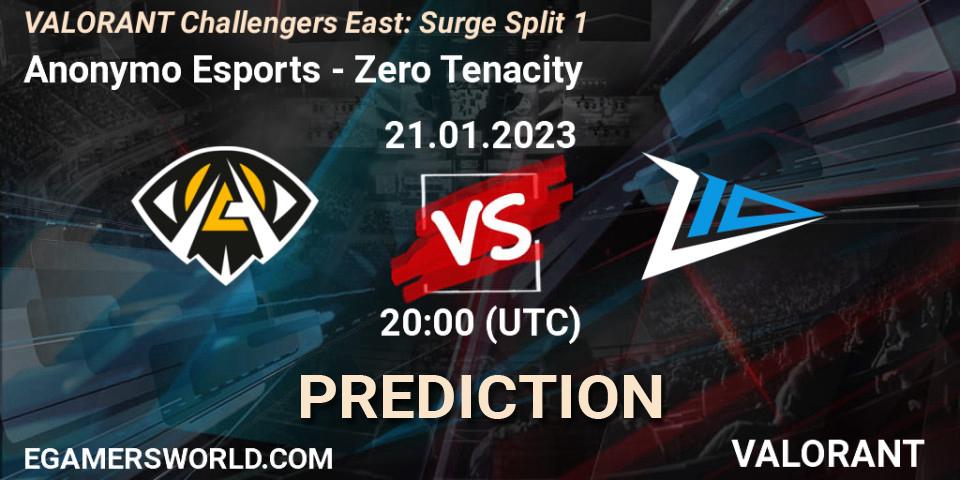 Anonymo Esports contre Zero Tenacity : prédiction de match. 21.01.2023 at 20:35. VALORANT, VALORANT Challengers 2023 East: Surge Split 1