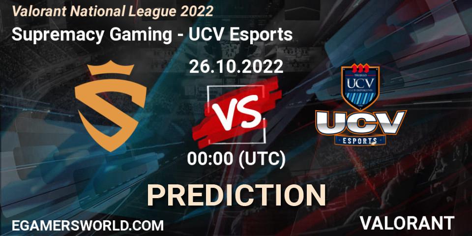 Supremacy Gaming contre UCV Esports : prédiction de match. 26.10.2022 at 00:00. VALORANT, Valorant National League 2022