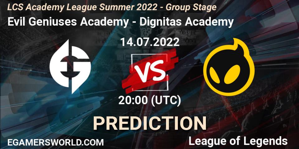 Evil Geniuses Academy contre Dignitas Academy : prédiction de match. 14.07.22. LoL, LCS Academy League Summer 2022 - Group Stage