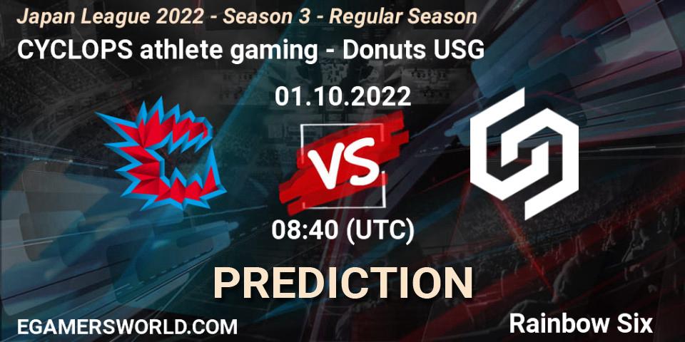 CYCLOPS athlete gaming contre Donuts USG : prédiction de match. 01.10.2022 at 08:40. Rainbow Six, Japan League 2022 - Season 3 - Regular Season